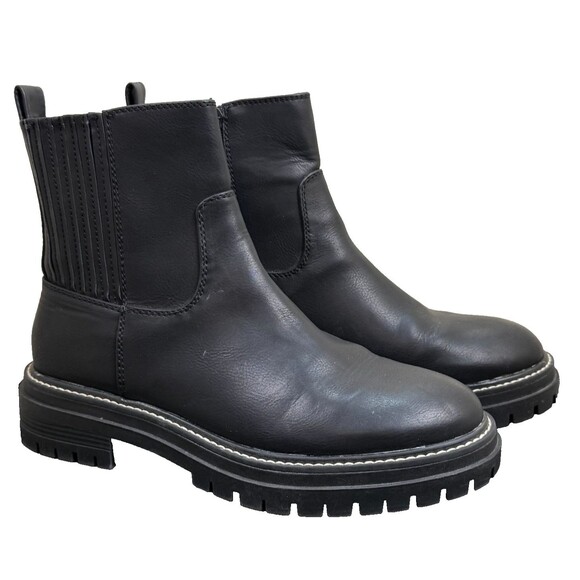Chelsea Black Lug Booties 10 Faux Leather Ankle Boots Time and Tru Minimalist - Picture 1 of 7